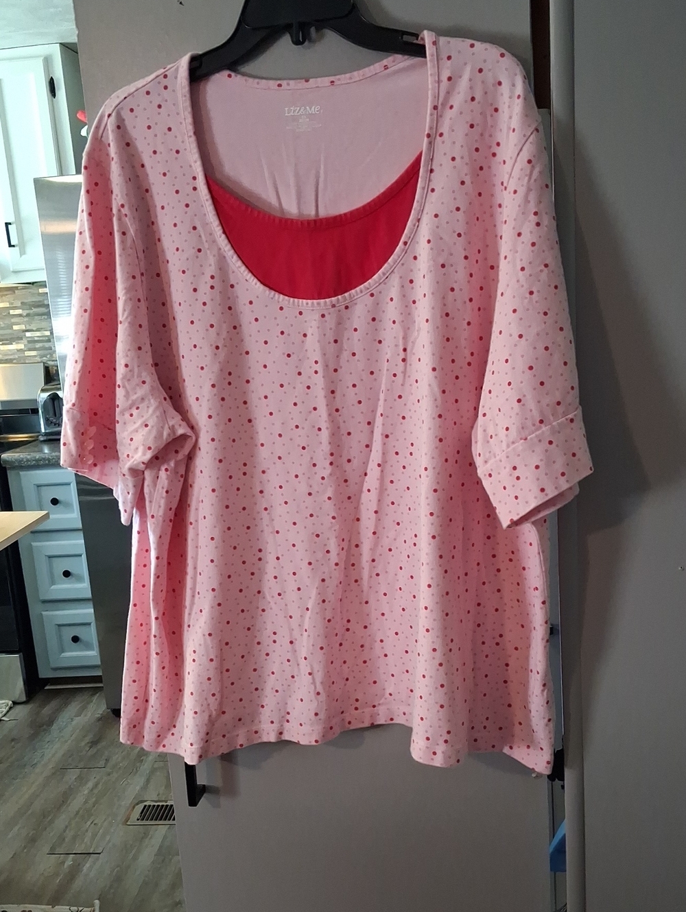 Liz& Me  Pink Layered Scoop Neck with a red cami inset under the neckline.